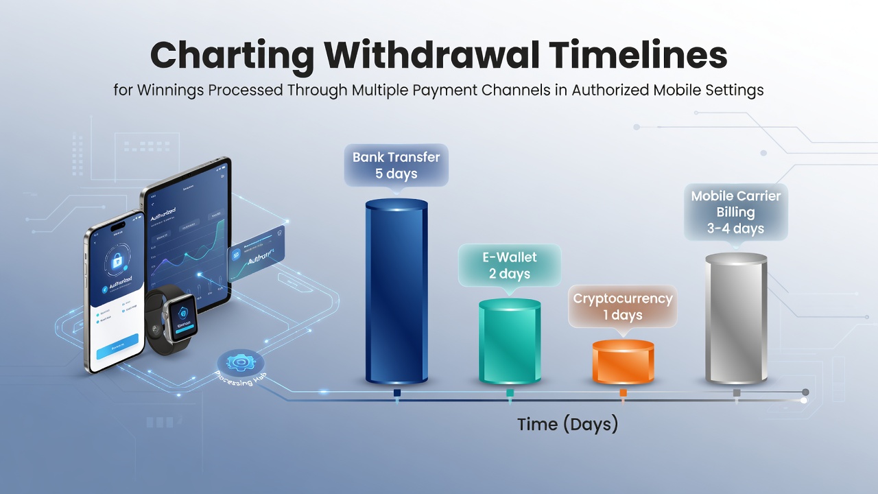 Infographic displaying average processing times for e-wallets, bank transfers, and card withdrawals in mobile gambling apps
