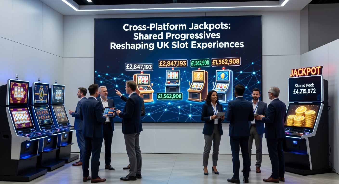 Dynamic illustration of interconnected slot networks with jackpot meters rising in sync across phones, tablets, and casino floors, symbolizing cross-platform progressive sharing in the UK market