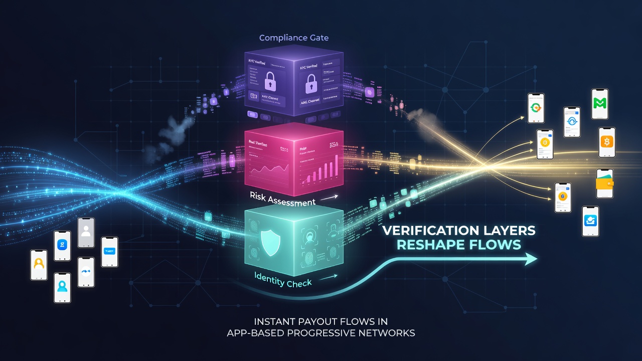 Technical flow of verification layers within app-based progressive networks