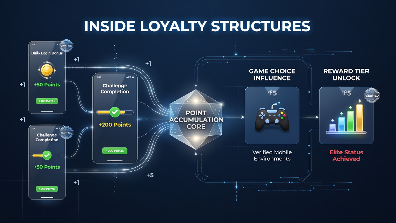 Mobile casino loyalty interface showing point accumulation and game selection options