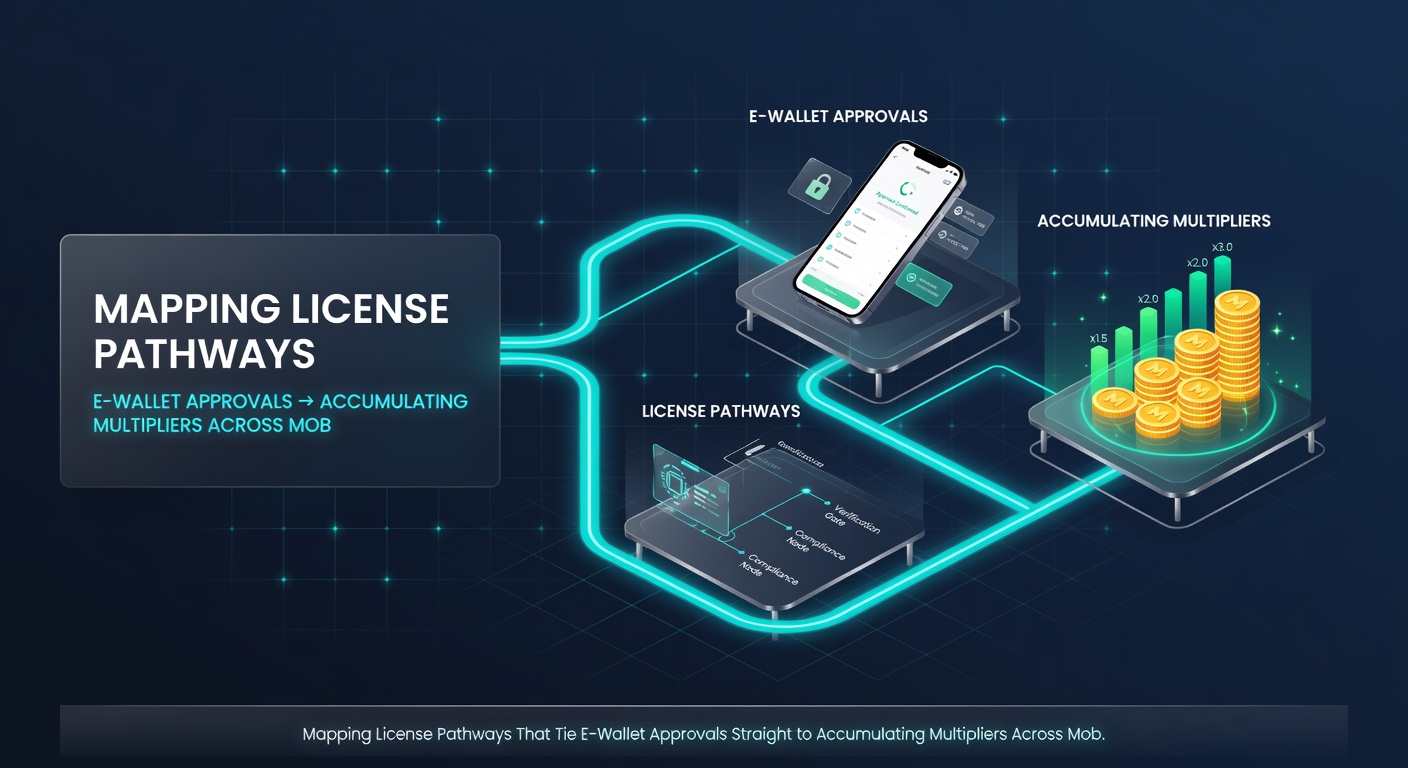 Flow diagram illustrating e-wallet license approvals feeding into mobile blackjack multiplier accumulation processes