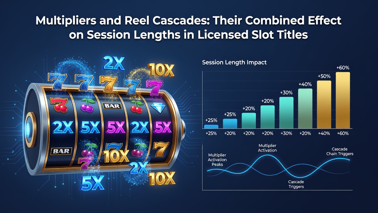Side-by-side comparison of session length metrics between standard slots and titles using both multipliers and cascades in licensed markets