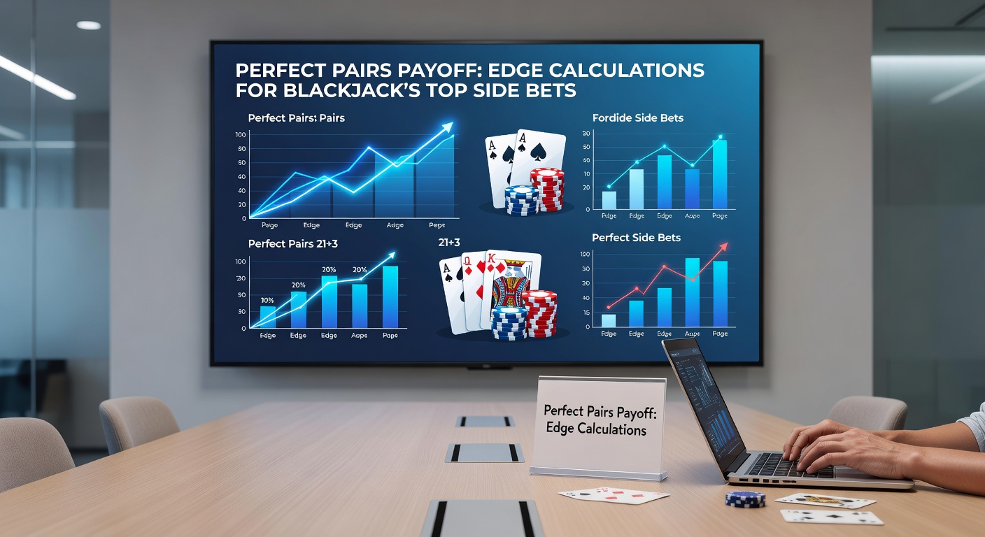 Close-up of blackjack payout chart detailing Perfect Pairs odds and house edges by deck count