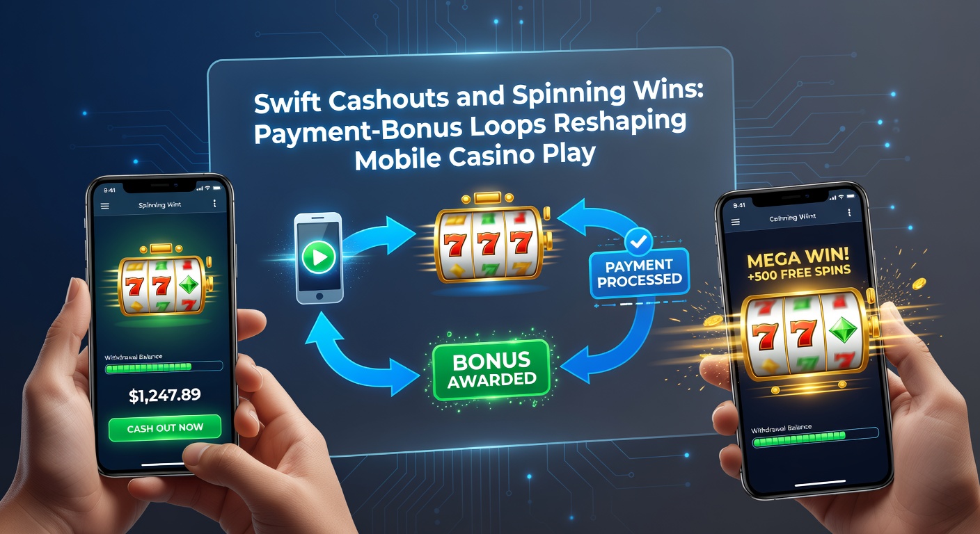 Illustration of a payment-bonus loop cycle showing deposit, spins, wins, cashout, and reload bonus on a mobile screen
