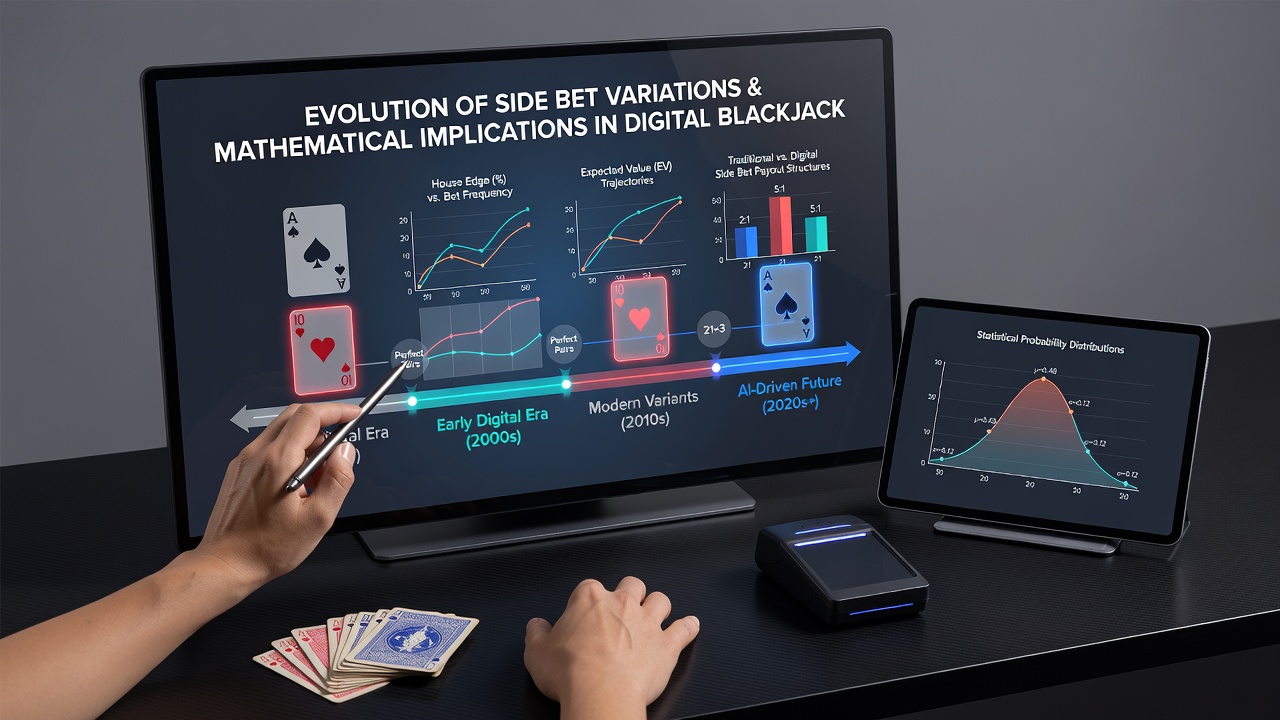 Mathematical breakdown of side bet probabilities displayed on digital blackjack interface with payout tables